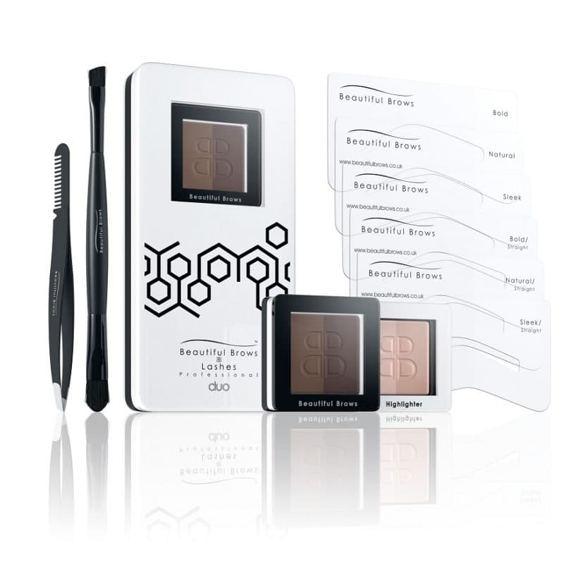 Beautiful Brows Sada na úpravu a barvení obočí: šablony, pinzeta, štětce, rozjasňovač, zrcátko, pudry odstín Dark Brown a Chocolate 2x 1,985g