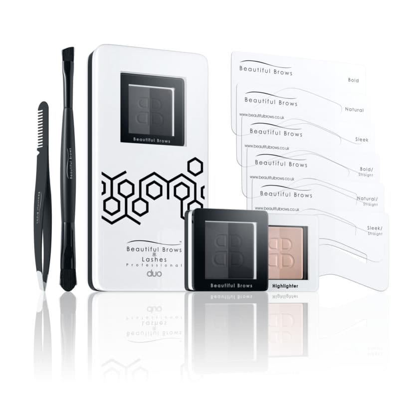 Beautiful Brows Sada na úpravu a barvení obočí: šablony, pinzeta, štětce, rozjasňovač, zrcátko, pudry odstín Slate a Black 2x 1,985g