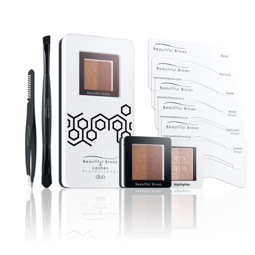 Beautiful Brows Sada na úpravu a barvení obočí: šablony, pinzeta, štětce, rozjasňovač, zrcátko, pudry odstín Light a Medium Brown 2x 1,985g
