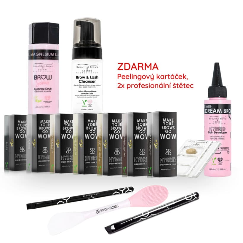 Beautiful Brows Profesionální set hybridních barev na obočí (Medium brown, Dark brown, Black, Graphite, Light Chestnut Brown, Ash blonde, Light blonde ) 7x15ml, aktivátor, čistící pěna, peeling 3x100ml, paletka, kartáček, štětec